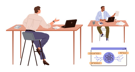 Two men engaged in discussion at desks with laptops, papers, diagrams. Ideal for teamwork, collaboration, creativity, problem-solving, communication, productivity simple flat metaphor
