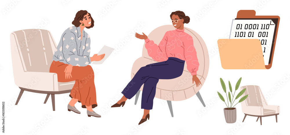 Aufkleber two women sit and converse in modern chairs with a folder containing digital binary code data nearby