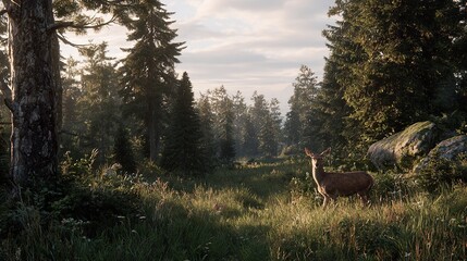 Serene forest clearing at dawn, a young deer stands amidst tall grasses bathed in golden sunlight filtering through dense evergreens, rocks and wildflowers visible