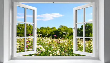 Obraz premium Open window flowers field summer sky landscape
