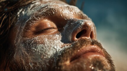 Naklejka premium Close-up shot of a person's face covered in a moisturizing mask, highlighting the texture and details of the skin and facial features.