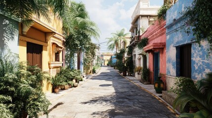 Obraz premium Tranquil Tropical Street Scene: A picturesque street lined with colorful colonial buildings, lush vegetation, and sunlight casting shadows, creating a serene atmosphere.