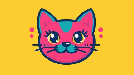 Fototapeta premium Cute cartoon cat face, vibrant colors, simple design, background, for kids' content