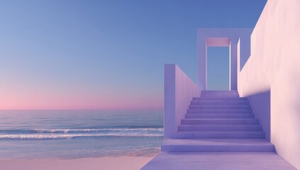 Serene coastal scene featuring minimalist architecture and a stairway leading to a bright opening under a pastel sky at the ocean's edge.