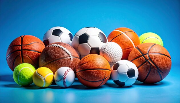 Colorful collection of sports balls on bright blue background, sports, balls, collection, colorful, vibrant, patterns