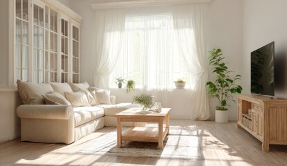 Serene living room bathed in natural light, featuring a comfortable sofa, wooden accents, and a peaceful atmosphere perfect for relaxation.