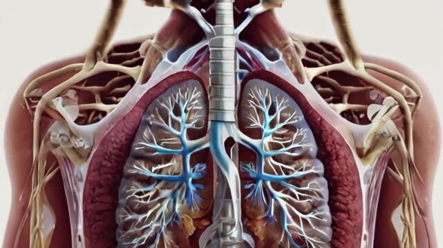 the intricate network of the human respiratory system as it is rendered in stunning transparency, revealing the delicate beauty of the lungs created with generative ai