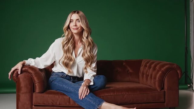 Woman with Long Hair Sitting on Brown Couch in Studio Setting with ai generated