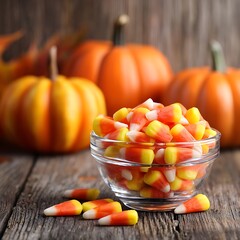 Naklejka premium Candy corn close-up in glass dish, cozy halloween setup with pumpkins and candy, rustic wood background, blank space for text