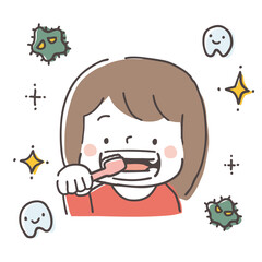 Illustration of a girl brushing her teeth