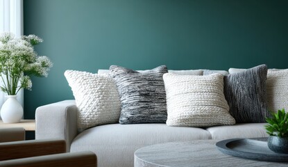 Serene living room scene showcasing textured throw pillows on a comfortable couch against a calming teal wall creating a cozy and inviting atmosphere.