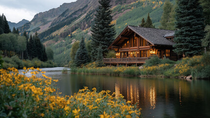 Naklejka premium Mountain Lodge Lakeside Serenity: Captivating image of a wooden lodge nestled beside a tranquil lake, framed by towering mountains and lush greenery, radiating peace and seclusion.