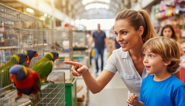 A woman with her little son lookin g at colorful parrots in a bird market