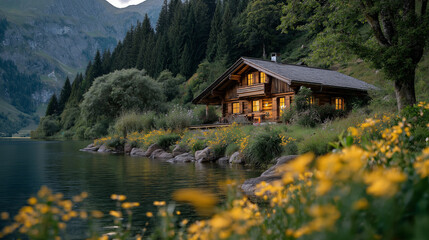 Naklejka premium Tranquil Lakeside Cabin: A picturesque wooden cabin nestled by a serene lake, enveloped by lush greenery and majestic mountains, radiating warmth and serenity in the tranquil dusk.