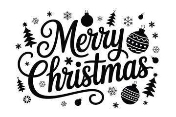 Vector art of merry christmas lettering with snowflakes and ornaments for holiday season isolated on white background