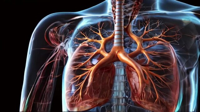 the intricate network of the human respiratory system as it is rendered in stunning transparency, revealing the delicate beauty of the lungs created with generative ai