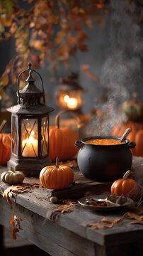 Festive halloween dinner mockup, pumpkin chili steaming in pot, rustic table with glowing lantern, pumpkins and leaves around, empty area for message