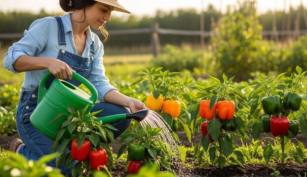 A homesteader woman giving water to bell pepper plants in a farm
