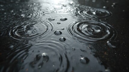 Rainwater Creates Ripples on a Dark Surface During a Rainy Afternoon in a Serene Environment