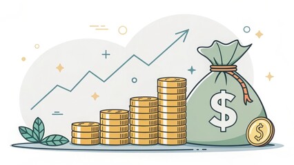 Financial growth money bag and stacked coins isolated on white background