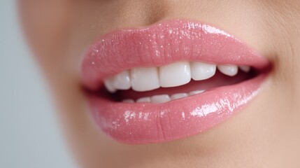 Fototapeta premium Close-up of smooth and glossy pink lips showcasing a bright smile with perfect teeth in soft lighting