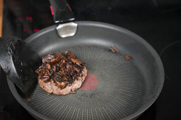 amburger Patty Cooking in Frying Pan – Sizzling Beef Burger