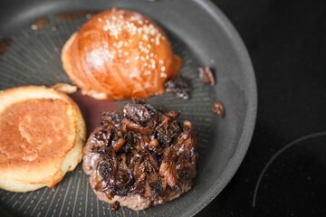 amburger Patty Cooking in Frying Pan – Sizzling Beef Burger
