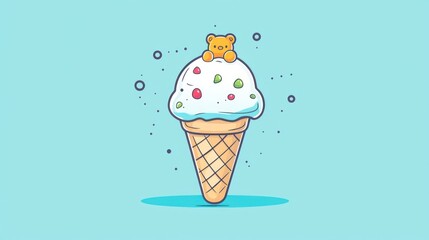 Cute Cartoon Ice Cream Cone with Teddy Bear, Simple Background, Food Illustration, For Kids, Digital Art, Perfect for a Summer Theme, Use for Print or Web