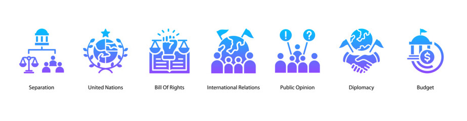 Political Foundations web banner icon vector illustration for separation of power, United Nations, Bill of Rights, international relations, public opinion, diplomacy, and budget.