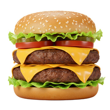 Stacked double cheeseburger with lettuce tomato and pickle slices on a sesame seed bun.