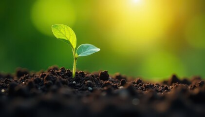 Naklejka premium Seedling emerges from soil, sunlight illuminates leaves, vibrant, macro shot, natural