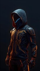 Futuristic Cyberpunk Character in Glowing Tech Armor and Hooded Outfit
