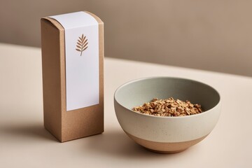 Aesthetic Composition with a Minimalist Box of Granola Next to a Bowl of Oats on a Soft Neutral Table Background