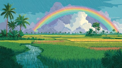 Naklejka premium A vibrant, lush paddy field after a rain shower