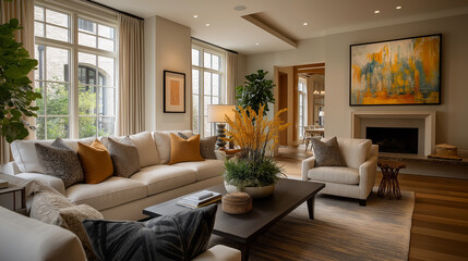 Fototapeta premium Elegant Living Room Interior: A harmonious interior showcases a large, sunlit living room with a modern aesthetic, featuring comfortable seating, and tasteful decor, creating an inviting atmosphere.