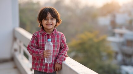 Smiling Child Holding Water Bottle on a Balcony Overlooking a Scenic Background of Trees and Buildings at Dusk
