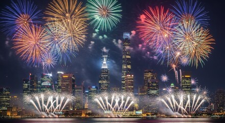 Colorful fireworks explode over an illuminated city skyline during a nighttime celebration.