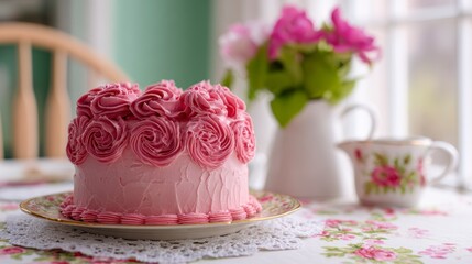 A Beautifully Decorated Pink Rose Cake Set Against a Serene Background with Fresh Flowers and Elegant Tableware