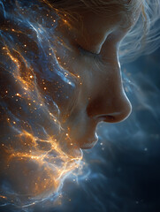 Fototapeta premium Whispers of the Cosmos: An artistic portrayal of a human face, intertwined with ethereal, celestial elements, and particles, embodying the mysteries of the universe.