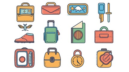 Flat icons depicting travel and business items