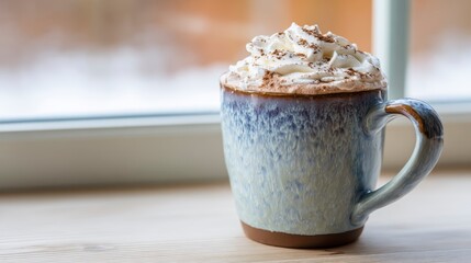 A Cozy Cup of Hot Chocolate with Whipped Cream Topped with Cocoa Dust, Perfect for Enjoying a Warm Beverage on a Chilly Day