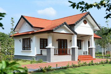 Charming white wooden cottage with red tiled roof and stone foundation nestled in green countryside