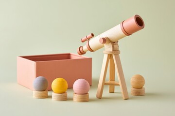 Colorful Wooden Toy Telescope with Playful Balls Against a Soft Pastel Background, Inspiring Imagination and Exploration for Children