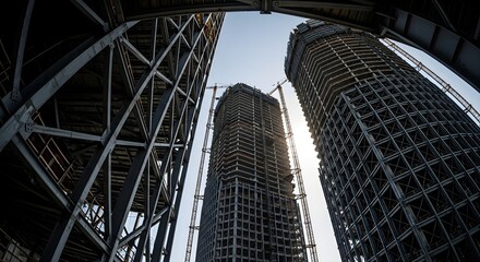 Framed Low-Angle View of Steel Skyscrapers Reaching for a Sunlit Sky.