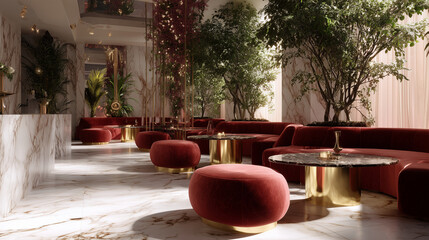 red chairs and tables in a restaurant