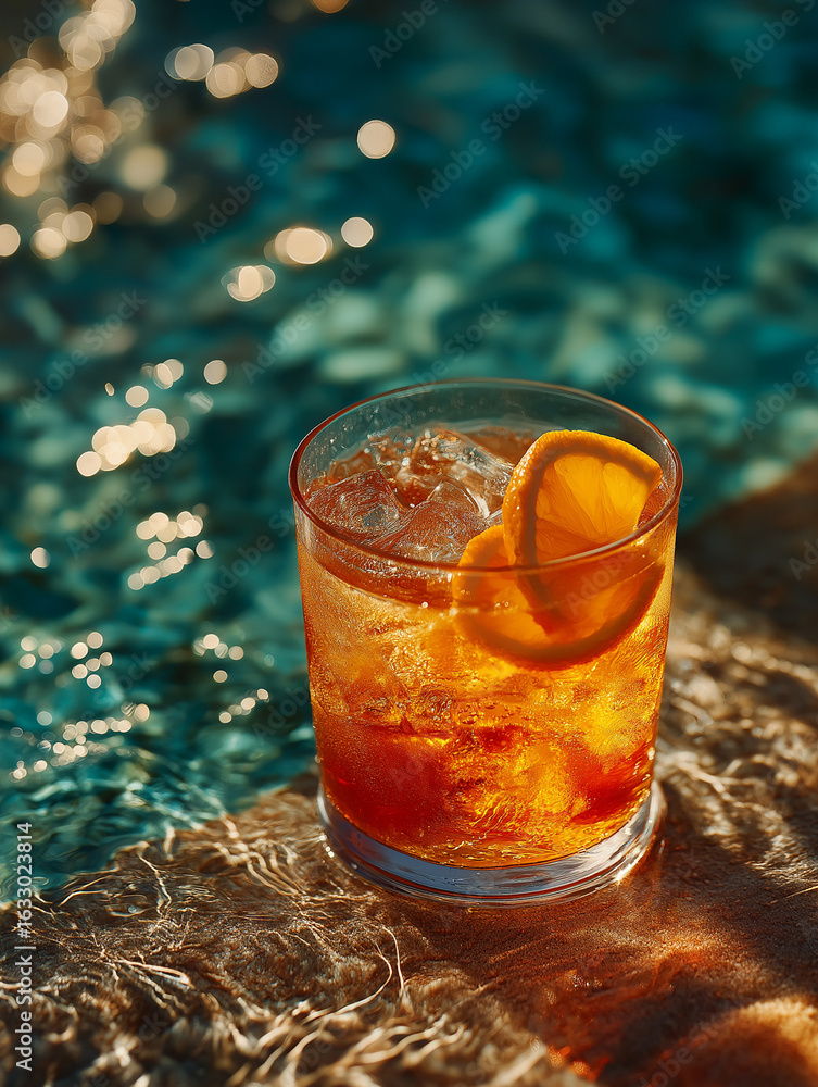 Poster refreshing cocktail by the poolside: a vibrant cocktail with a slice of orange rests on the edge of 