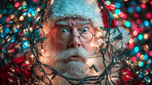 Santa claus tangled in christmas lights with surprised expression and round glasses close up view