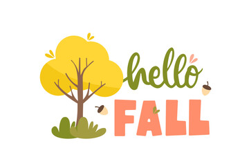 Hello Fall Typography with Cute Tree and Acorns in Autumn Vector Illustration
