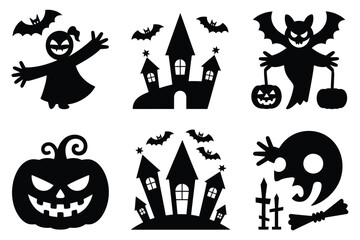 Vector art of halloween silhouettes of ghosts, castles, bats, pumpkins, skulls, and witches on white background