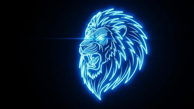 Neon blue lion head roaring with glowing eyes, digital art on a black background, fierce and powerful.